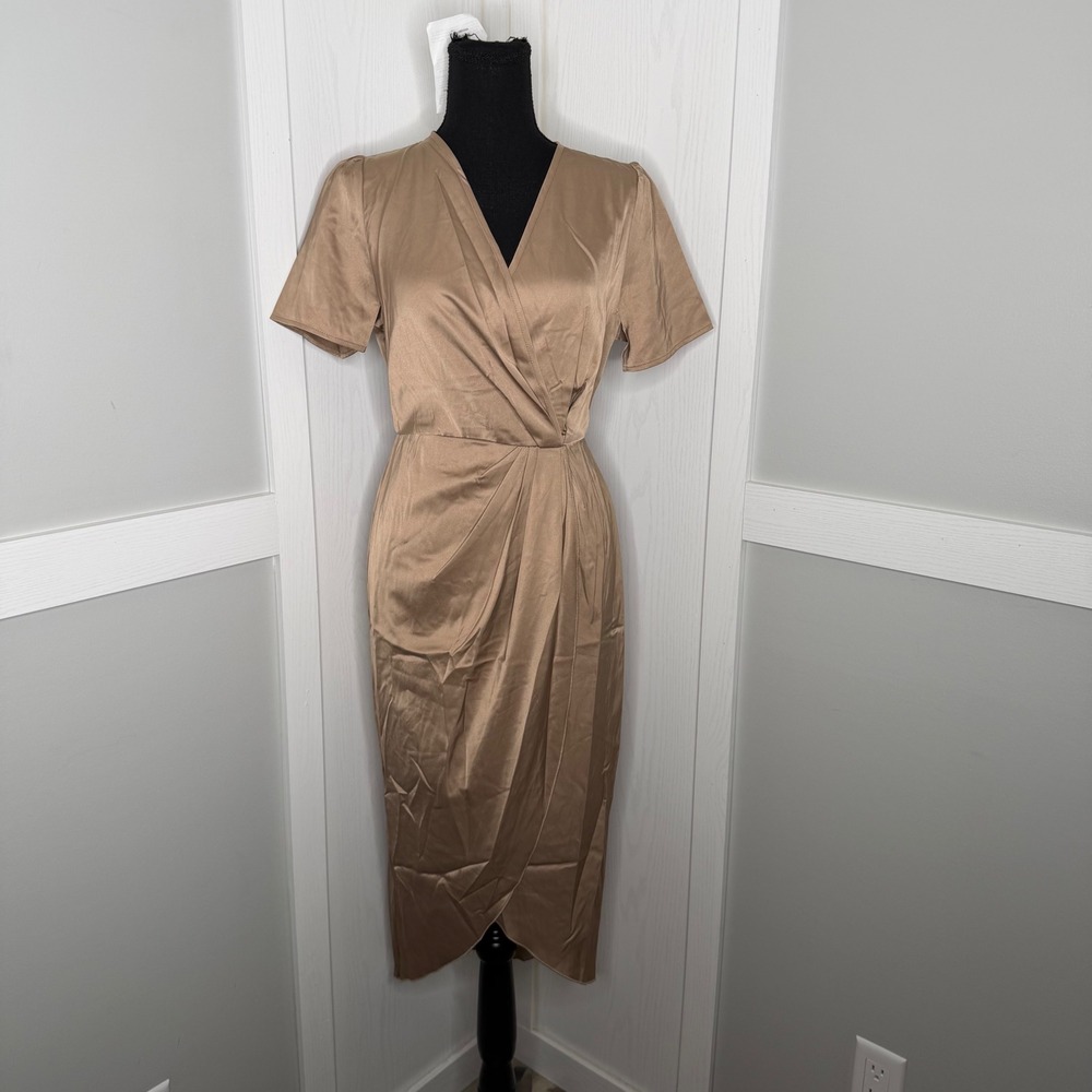 Yes Fashion Midi Dress Womens Small Beige Satin Faux Wrap Elastic Waist NEW